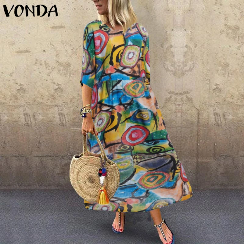 

VONDA Women Dress 2019 Summer Casual Loose Vintage Half Sleeve Maxi Long Dress Bohemian Beach Sundress Party Vestidos Plus Size