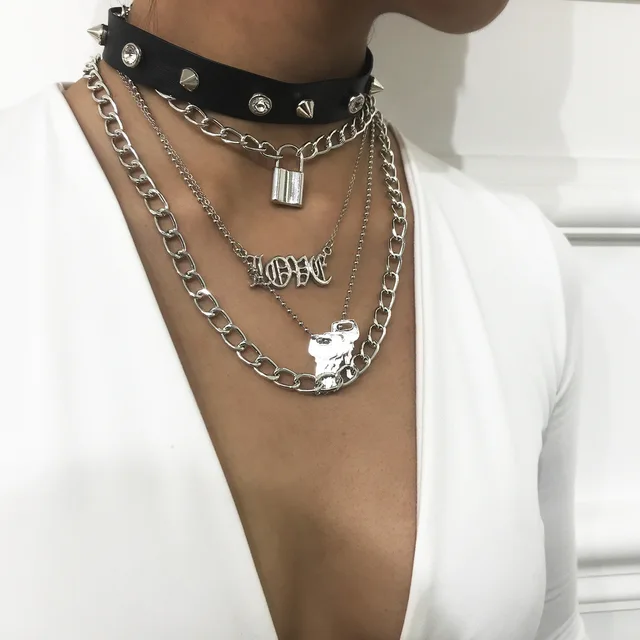 New woman Gothic Lock Chain necklace multilayer Punk choker collar pendant  necklace leather emo Kawaii witch rave jewelry - Price history & Review, AliExpress Seller - HYNHJHM Official Store