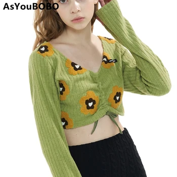 

2020 vintage ins hot korean style floral colorful green short long sleeve knitted vneck lace up crop top Women sweaters YQ-1113