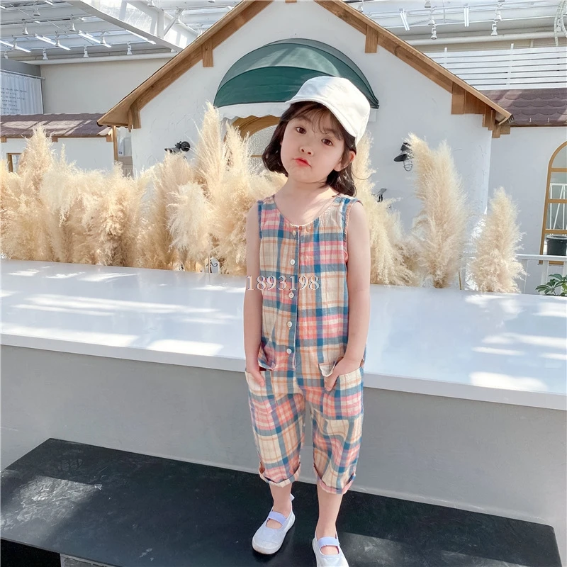

2021 spring summer Korean girls plaid overalls children casual cotton sleeveless bodysuit