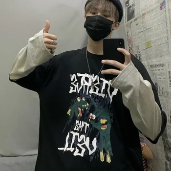 

2019 Autumn Men's Fashion Trend Printing Coats False Two Piece Pullover Long Sleeve Hoodies Cotton Casual Clothes Sweatshirts