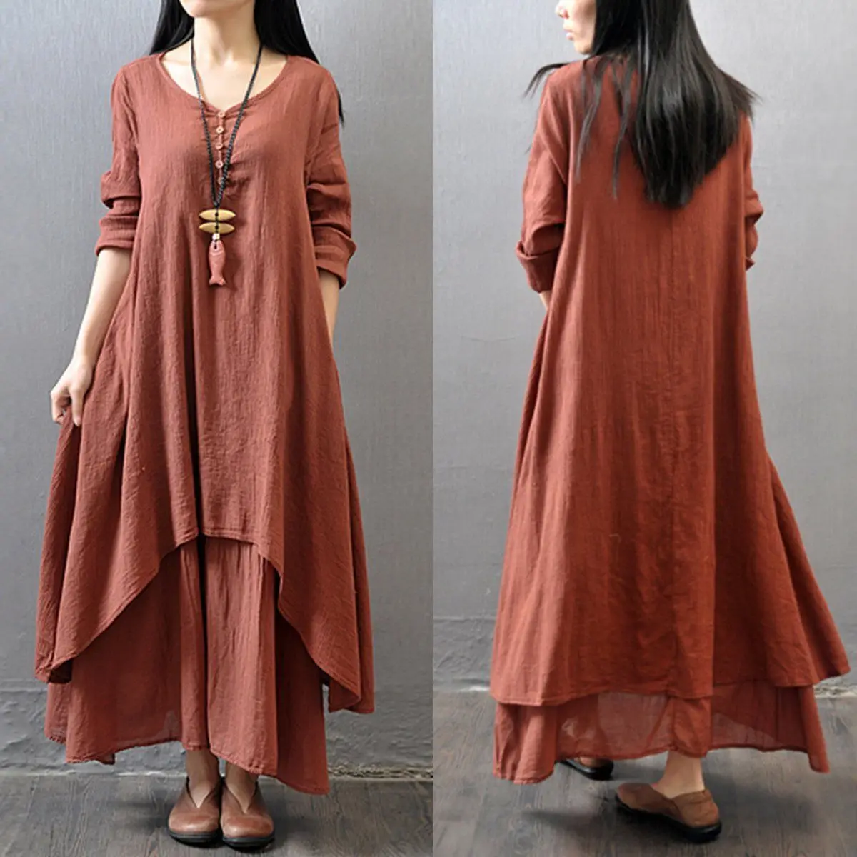 Весна Boho женское V Nekc крестьянское этническое хлопковое льняное Повседневное платье макси с длинными рукавами на пуговицах Несимметричное длинное платье хит
