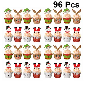 

96 Pcs Festive Pattern Dessert Decorations Cake Toppers and Wrappers Party Favors for Banquet Christmas Party