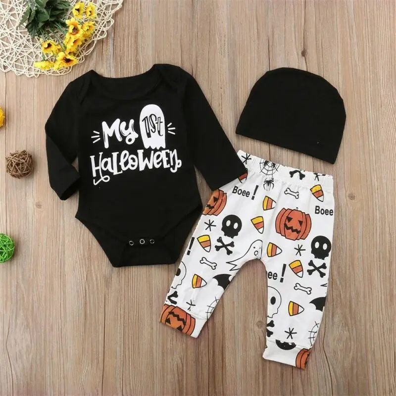0-18M Halloween Infant Newborn Baby Boy Girl Clothes Set 1st Halloween Romper Jumpsuit Cartoon Pumpkin Ghost Pants Baby Costumes