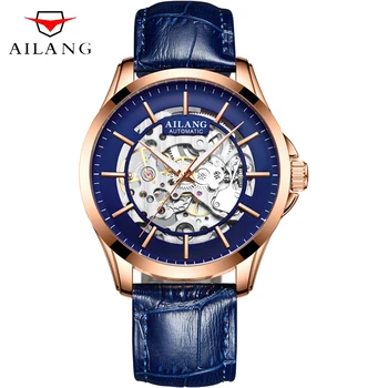 

AILANG Fashion Casual Men Mechanical Watch Blue Leather Strap Skeleton Automatic Mens Watches Top Brand Luxury Clock 2019 New