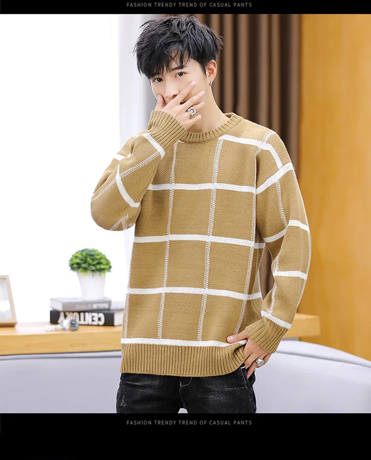 Plaid Sweater Men's Slim Warm Fashion Contrast Color Casual Knit Sweater Man Streetwear Wild Long-sleeved Pullover Men Clothes