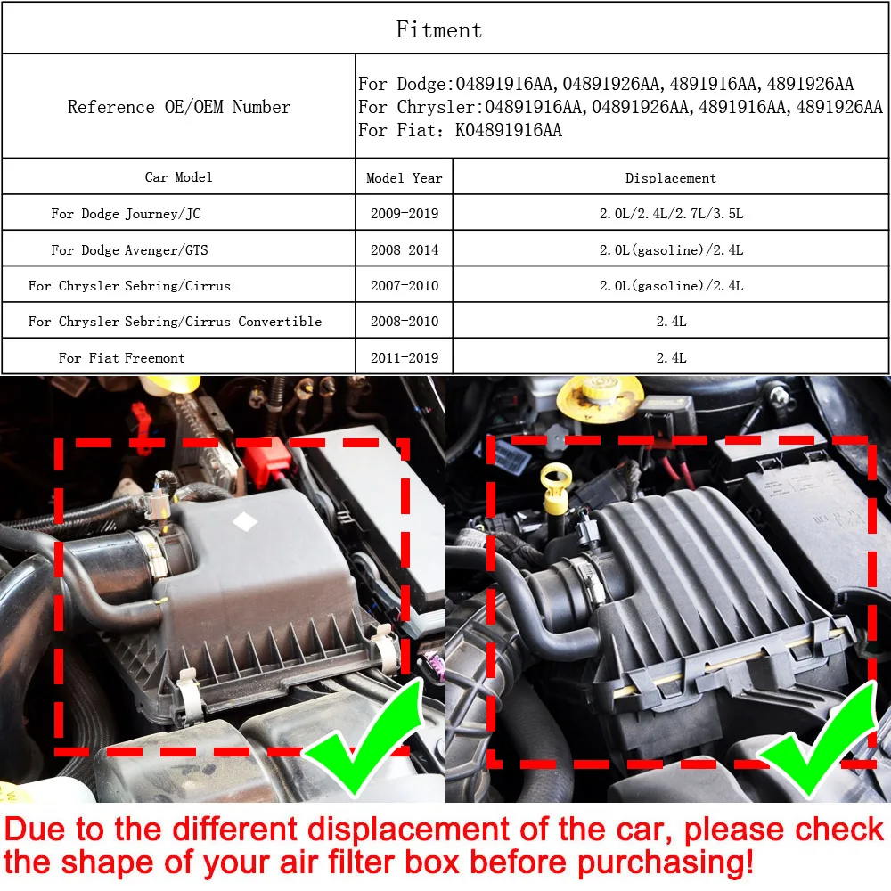 Air Filters Air Filter for Dodge Journey JC 2009-2015 2.4L for Fiat Freemont