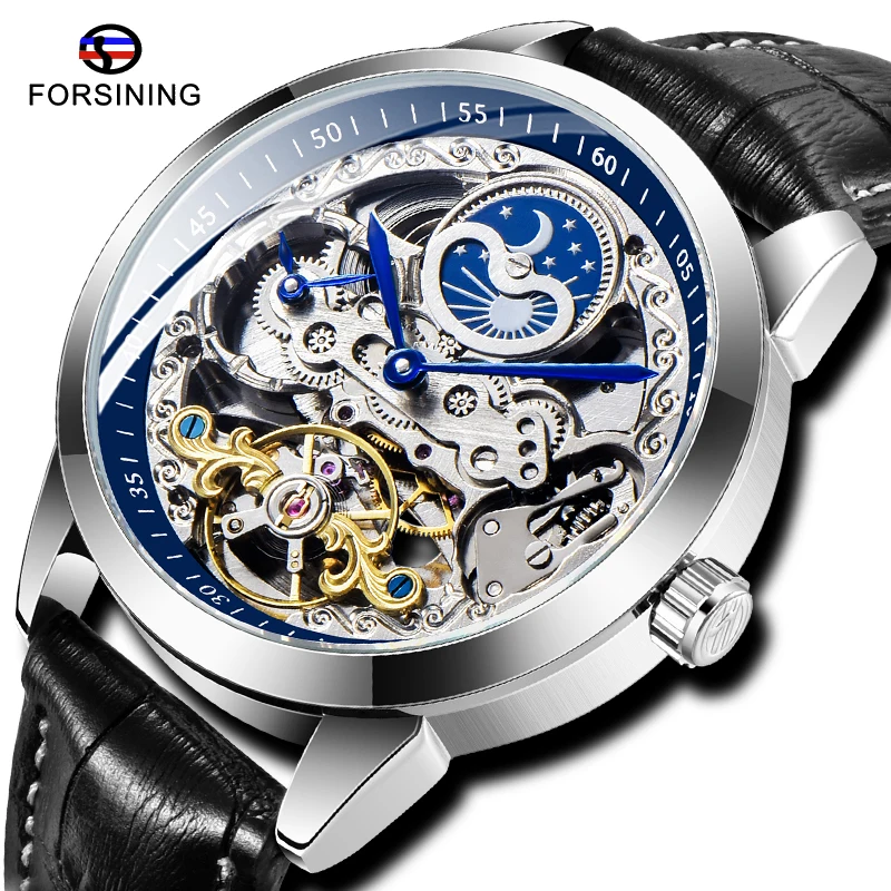 

Fashion FORSINING Mens Skeleton Automatic Mechanical Watch Leather Strap Moon Phase Tourbillon Waterproof Wristwatches Dropship
