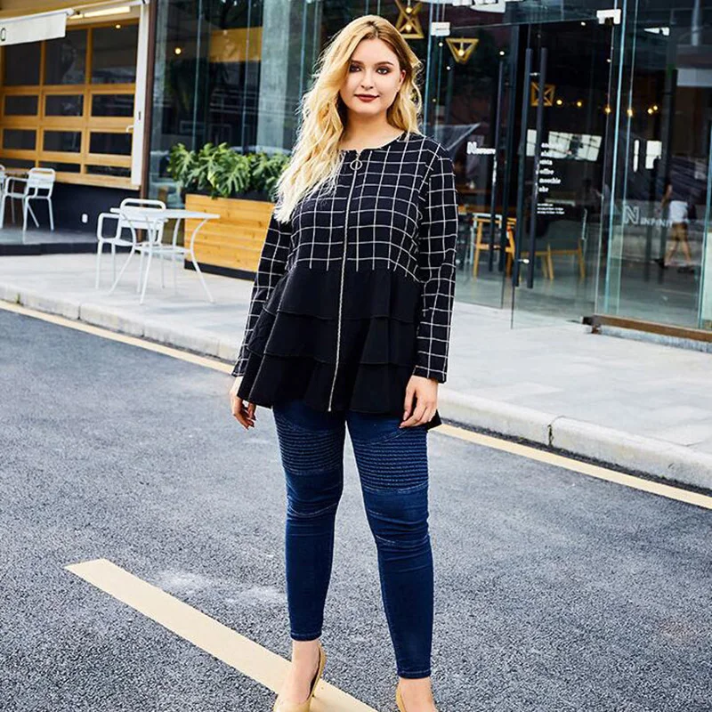 

Women Autumn Fashion Plaid Ruffles Tshirt O Neck Tops Long Sleeve Female Streetwear T-Shirt Lady Loose Casual Long Tee Shirt