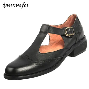 

Women's genuine leather t-strap flats mary jane student style casual daily footwear british style female oxfords shoes for women