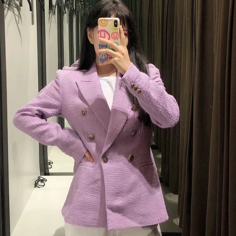 Autumn Vintage Purple Tweed Blazers And Jackets Women Elegatant Double Breasted Office Suit Coat Female Outwear Tops
