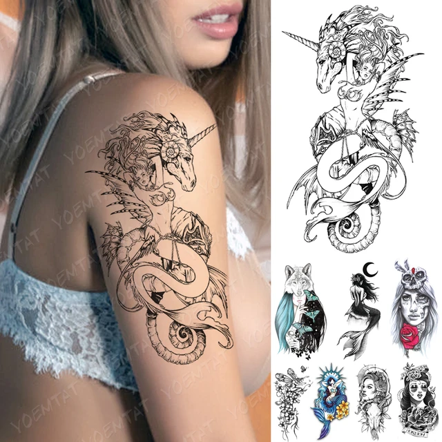 Tatuagem falsa, arte corporal temporária, tattoo feminina em forma de  sereia e algas marinhas, à prova d'água - AliExpress