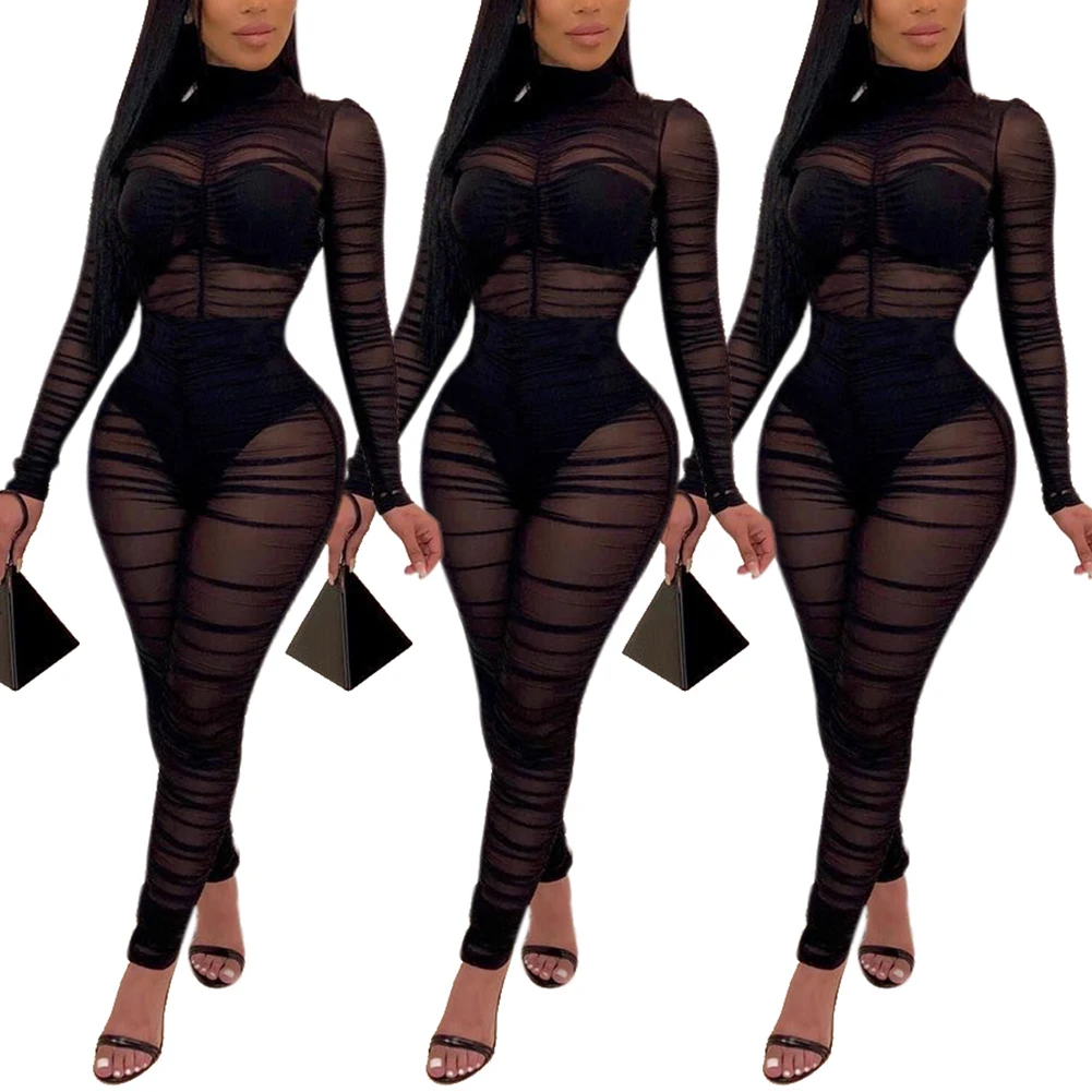 African Dresses for Women Fashion Sexy Solid Color Long Sleeve Sheer Jumpsuit Party Romper Bodycon Jumpsuit African Clothes