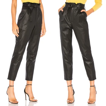 

Women High Waist Paperbag PU Leather Stretch Trousers Ladies Pants With Blet