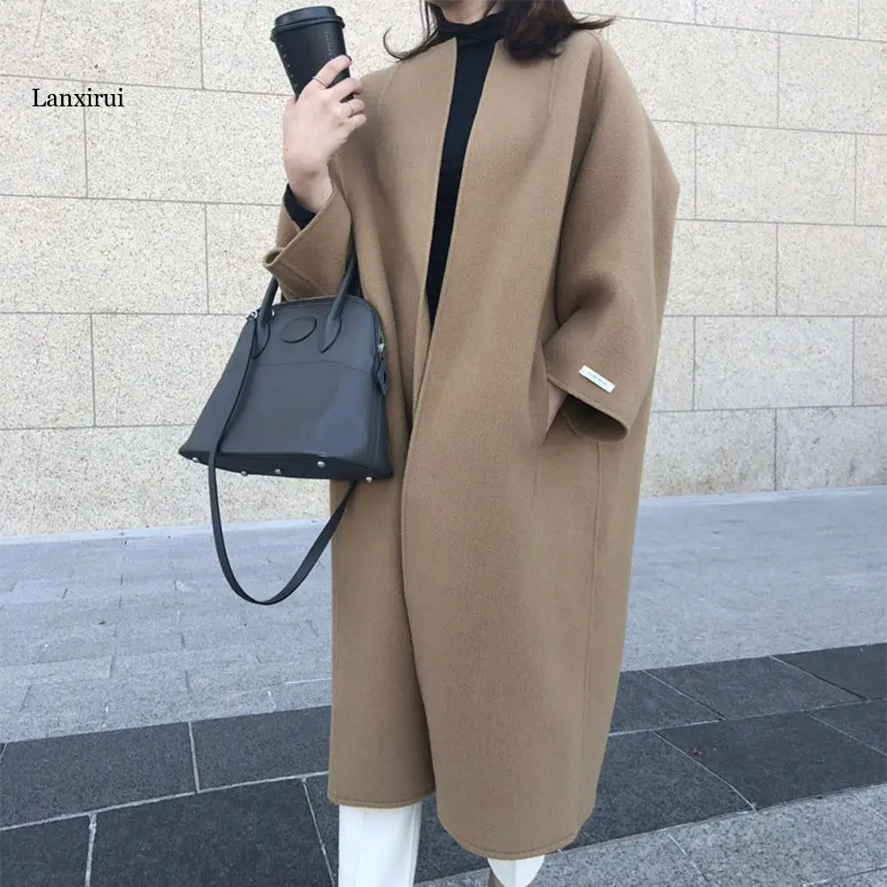 

Woolen Coat Women's Midi Fall Winter New Temperament Large Size Loose Double-breasted Fresh Blue Short Trendy Warm Woolen Coat