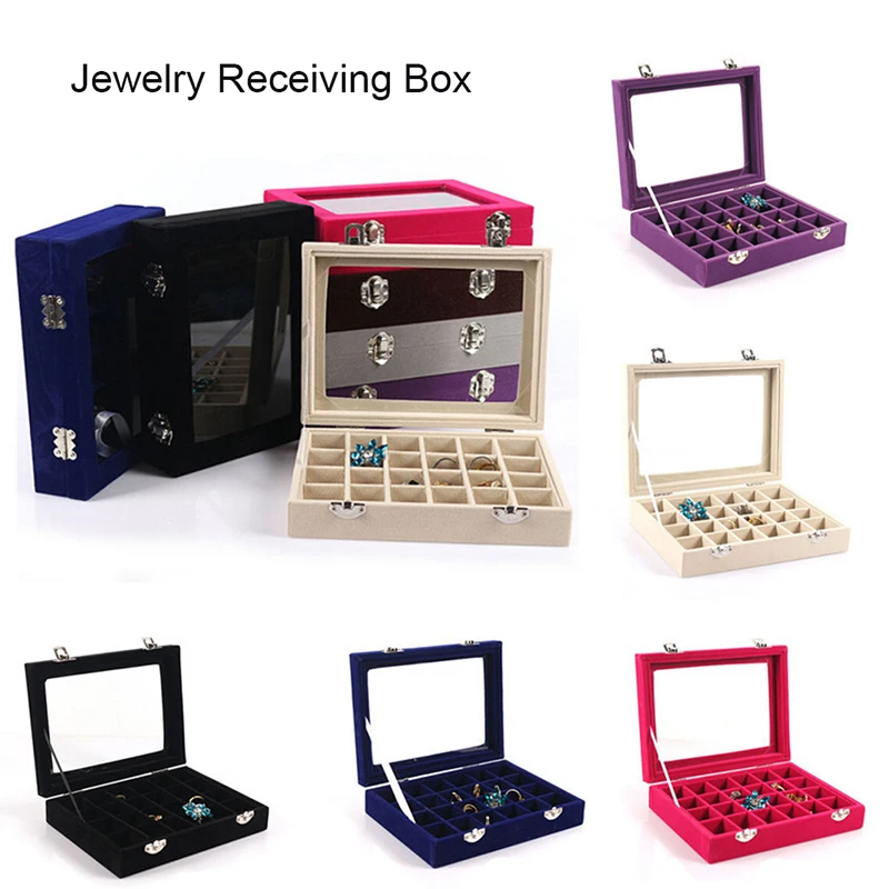 

New Organizer Glass Jewelry Display Protable Storage Box Holder Velvet Case Earring Ring Show Girl Women Jewellery Carrying Box