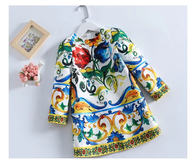 Весеннее качественное платье для девочек детское Брендовое платье vestidos детская одежда с длинными рукавами и цветочным принтом с листьями для детей от 4 до 14 лет