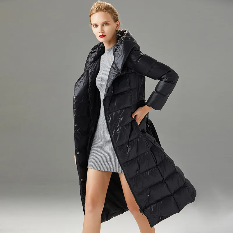 Elifashion, толстый пуховик для женщин, зимний,, средней длины, Европейская и американская мода, белый утиный пух, талия, выше колена размера плюс
