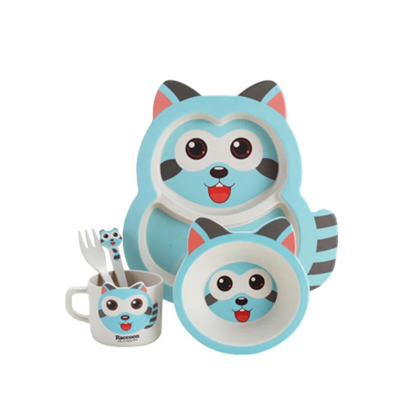 Blue Set 5 шт./компл. детское блюдо тренировочные посуда для детей милый енот кормления Еда посуда столовая посуда для детей с чаша ложка Вилка тарелка - Цвет: Blue Set