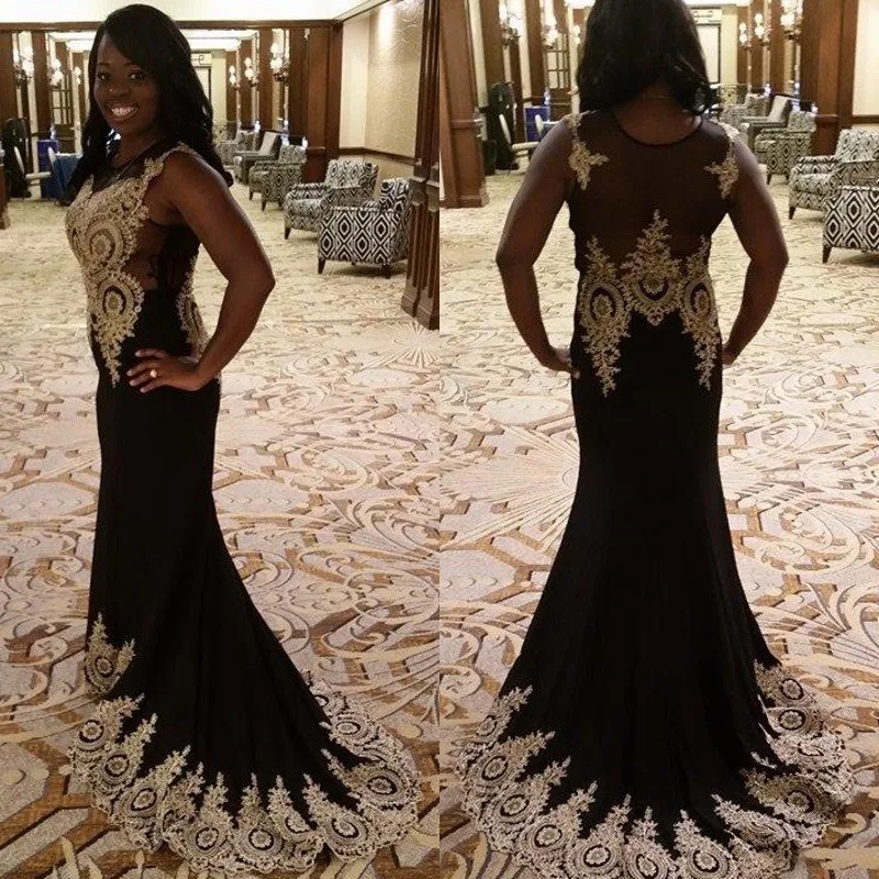 

Black Long Prom Dresses 2019 Elegant Mermaid Prom Gown Gold Applique Sleeveless vestidos de gala