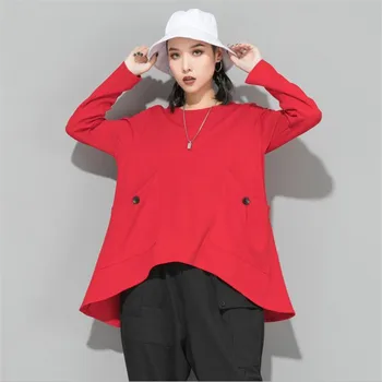 

Autumn large size tuxedo Women Long Sleeve T-shirt Stretch cotton oversized loose large pocket design Casual Tops Tee O-Neck