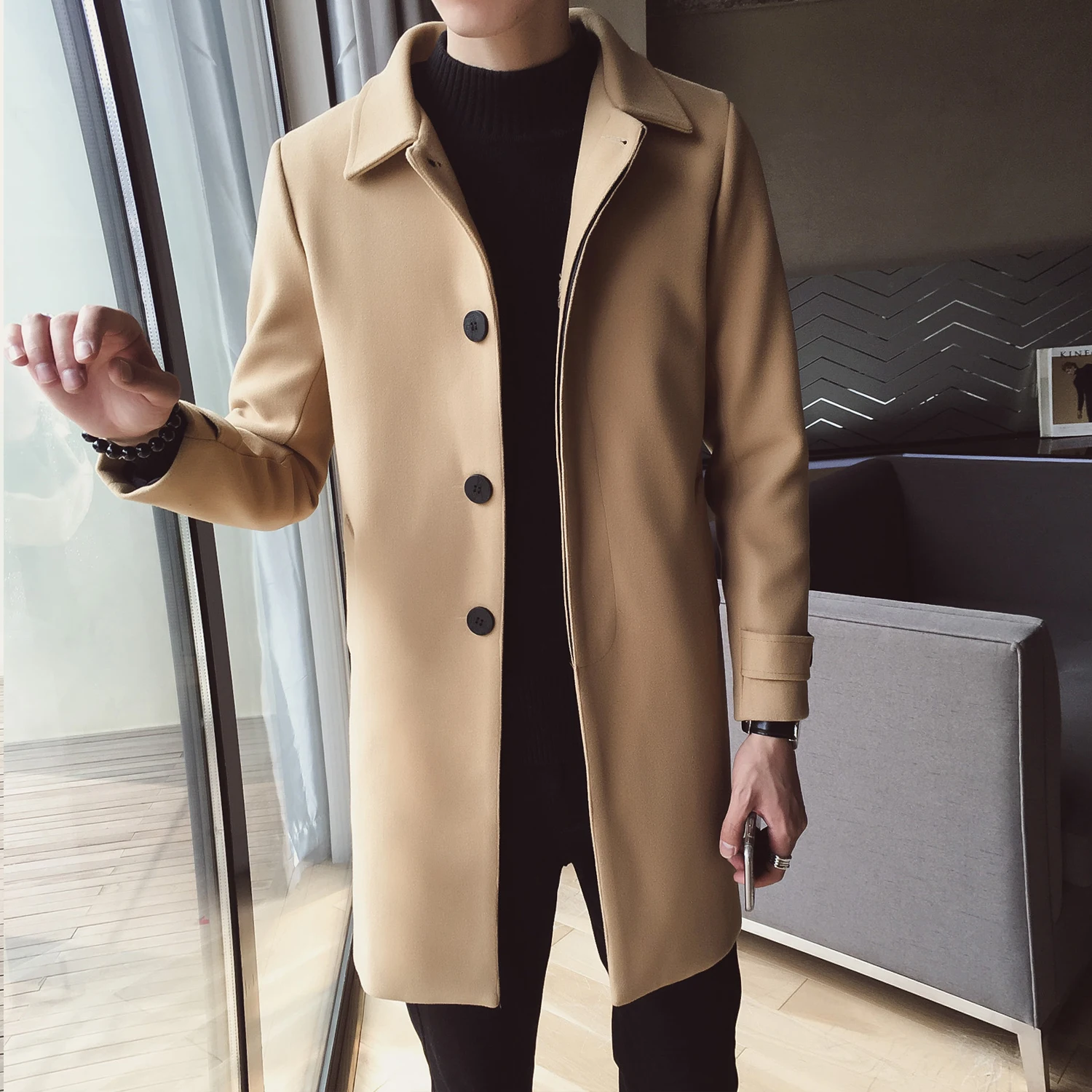 Мужское зимнее шерстяное пальто в клетку Корейская приталенная длинная