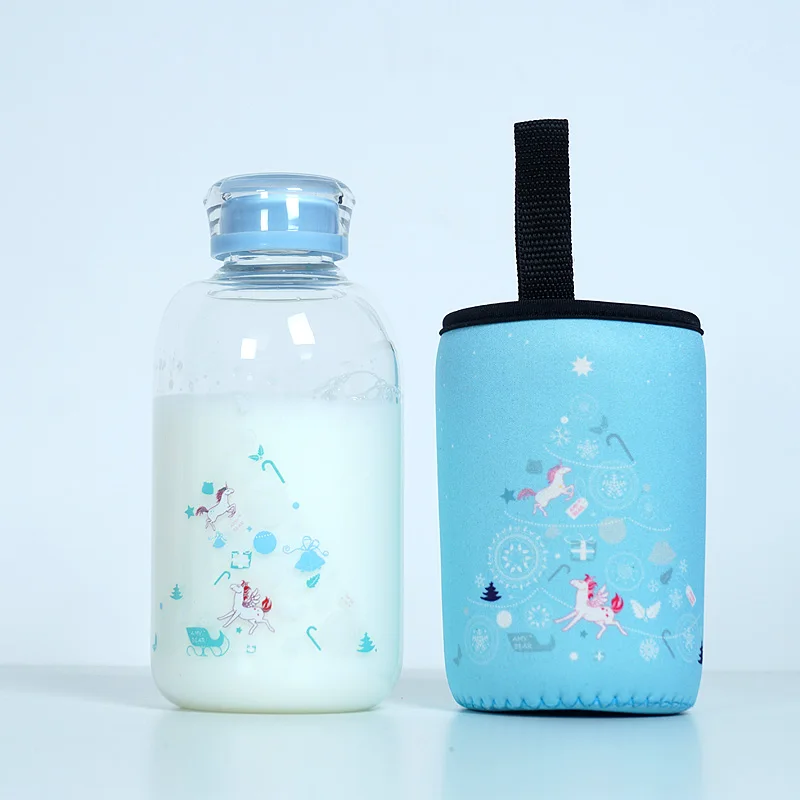 Xmas Unicorn 600ml Креативная стеклянная бутылка для воды градиентного цвета с рукавом, милые бутылки с оленем и дельфином, 600 мл, Спортивная бутылка для влюбленных Zakka - Цвет: Xmas Unicorn 600ml
