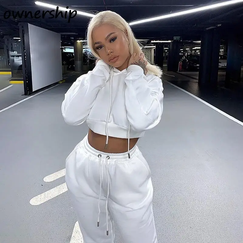 women's warm up suits 2021 Fashion Soft Cotton Women's Sports Sets New Hoodies Tie Up Female Crop Tops Autumn High Waist Sweatpants Two Pieces Suits womens black suit set