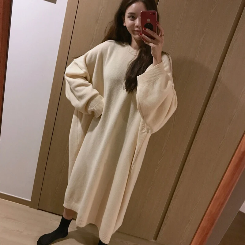 [EWQ] рукава накидки с круглым вырезом повседневные негабаритные серый свитер платье корейский модный толстый пуловер вязаный осень зима QK874