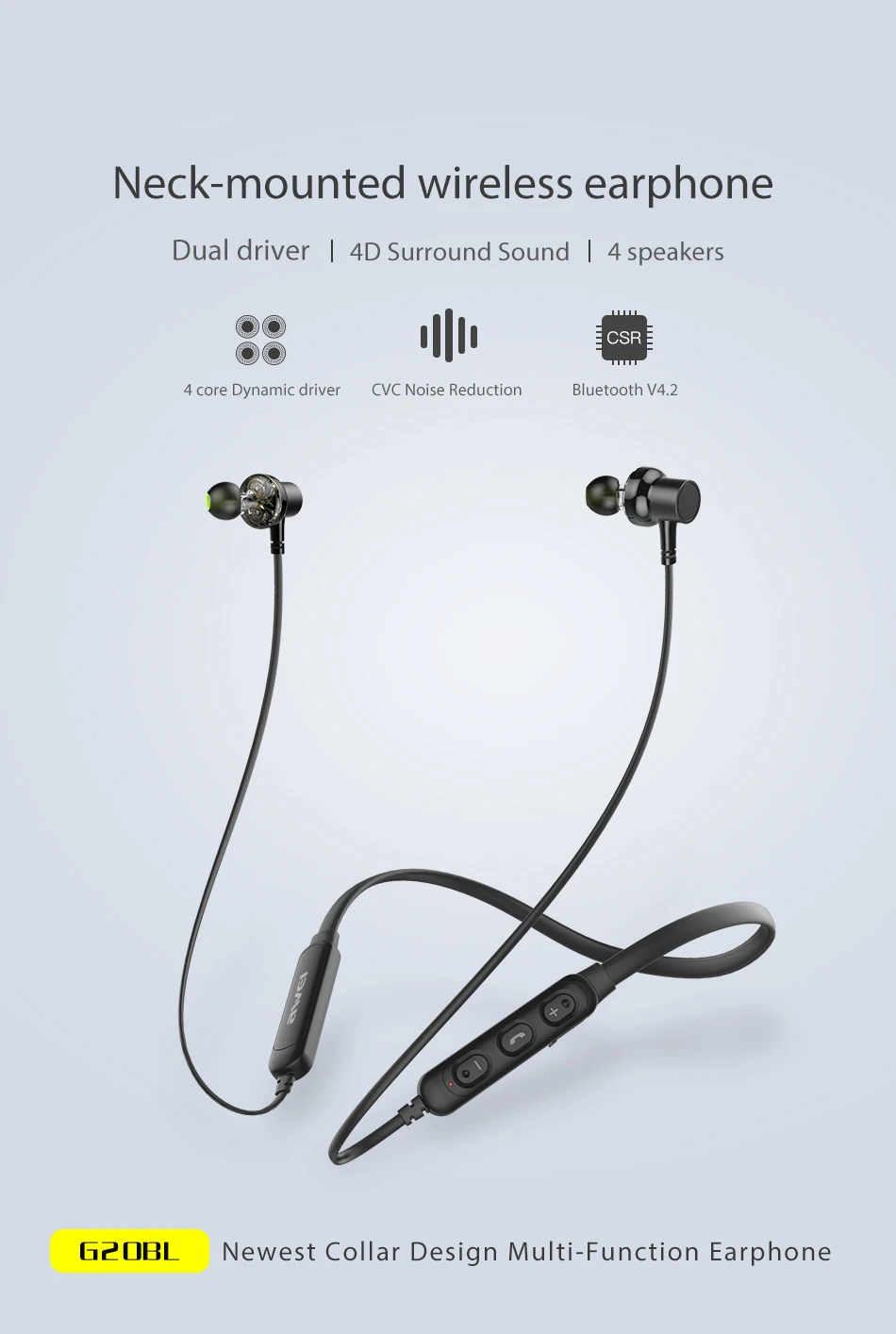 Bluetooth наушники G20BL Bluetooth наушники двойной драйвер гарнитура Беспроводные спортивные наушники Бас Звук для мобильного телефона