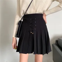 Вязаные женские юбки на осень и зиму, плотные плиссированные юбки с высокой эластичной талией, корейские винтажные студенческие повседневные Теплые юбки на шнуровке W291
