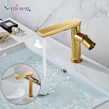 

Luxury Golden Basin Sink Mixer Faucet Bathroom Tap Square Shape Water Taps Gold Finish Deck Mount with Plate