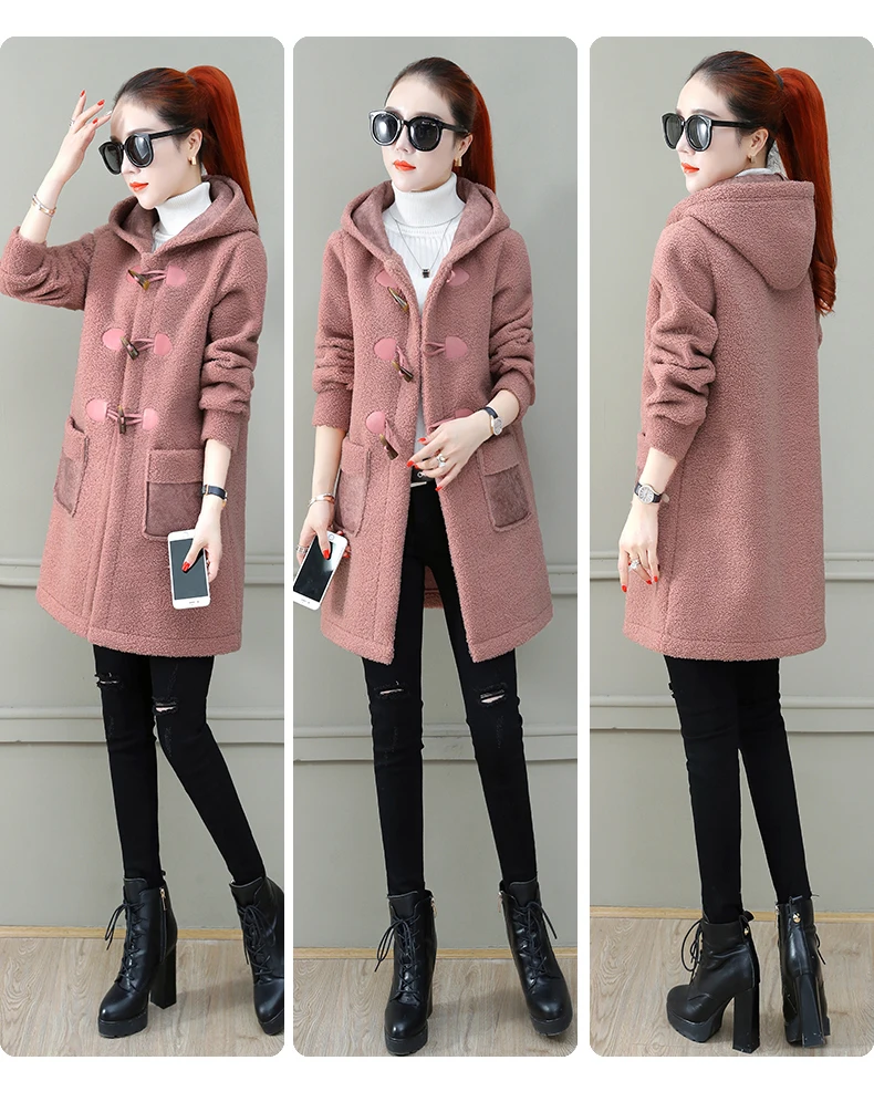 Winter Lamb Fur coat Women Long Section Lambskin Coat Fashion New Thickening Plus Velvet Loose Hooded Warm Fur Jacket Female
