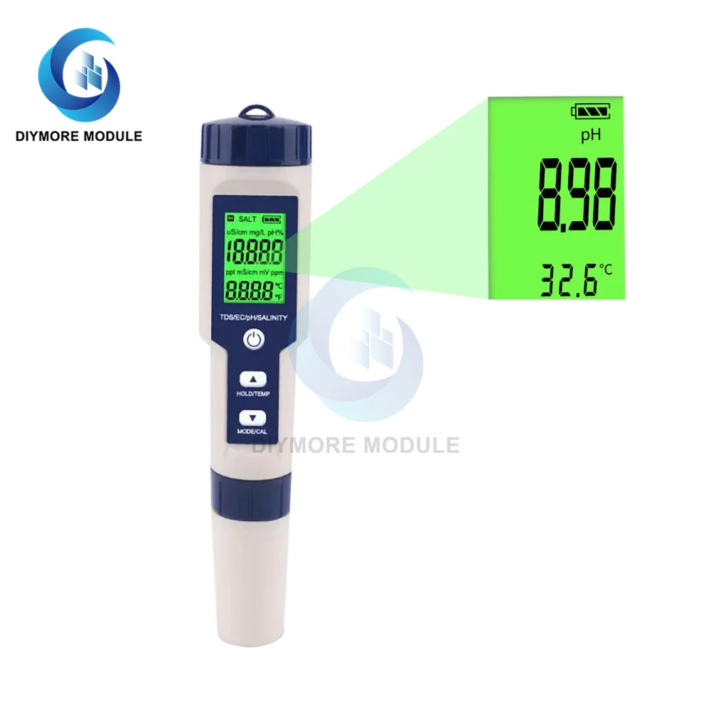 

5 in 1 pH meter/EC conductivity/salt salinity/temperature/TDS water quality test pen Drinking water standard detector Luminous
