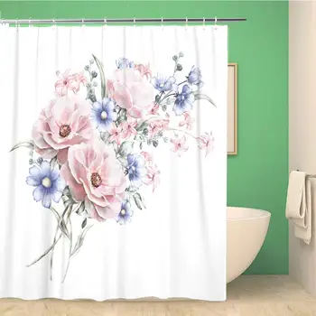 

66x72 Inches Shower Curtain Watercolor Flowers Floral in Pastel Colors Rose Bunch of Pink Blue Flowers is olated Waterproof