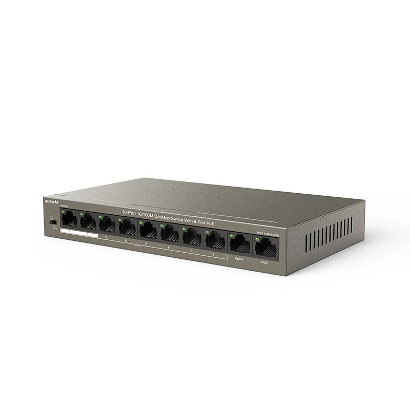 Tenda TEF1110P-8-63W Ethernet Network Switch 8-Port,250M Long Distance Stable PoE Power Supply, Plug and Play, Uplink NVR Port