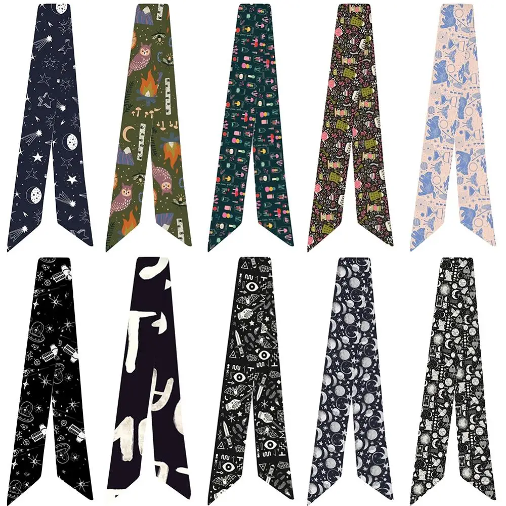 

Dark Color Print Pattern Ladies Small Silk Scarf Fashion Variety Soft Decor Scarve Mutiple-Function Twill Smooth HandBag Ribbons