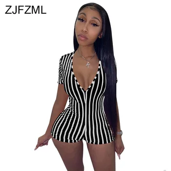 

Vertical Striped Rompers Womens Jumpsuit Deep V Neck Short Sleeve Skinny Bodysuit Summer Ladies High Waist Club Party Playsuit