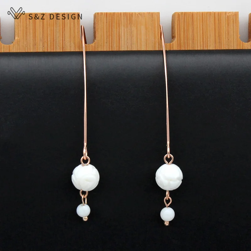 S&Z DESIGN Long Round Natural White Shell Beads Dangle Earrings 585 Rose Gold Color Fine Eardrop For Women Girl Wedding Jewelry