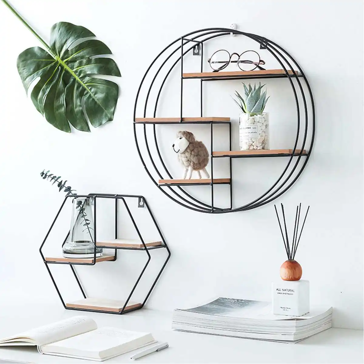 

Nordic Style Ins Iron Wall Shelf Wooden Storage Racks Book Shelves Geometric Round Display Holder Kitchen Organizer Home Decor