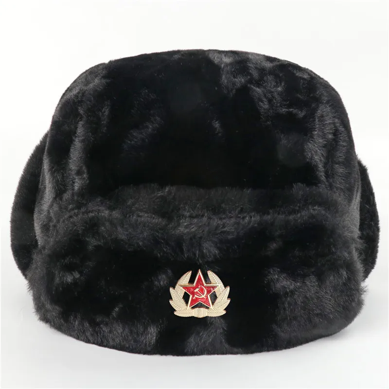 CAMOLAND Soviet Trapper Trooper Hat Mens Army Military Russian Ushanka Bomber Hat Winter Warm Caps Pilot Faux Rabbit Fur Earflap thermal aviator bomber hat