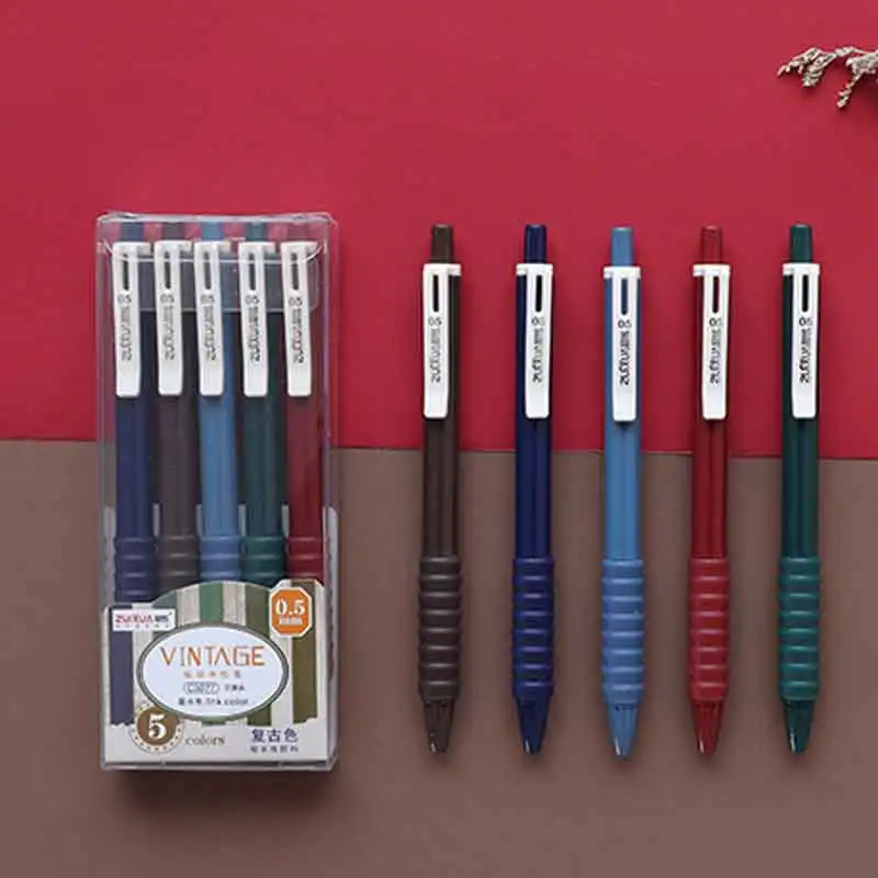

5pcs/lot Retractable Vintage Color Gel Pens Set Quick Dry 0.5mm Bullet Tip Retro Pen for Office School Kawaii Stationary