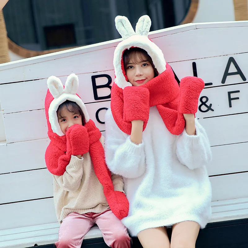 red Родитель-ребенок Kawaii шапка с заячьими ушами шарф перчатки для женщин дети зима толстые теплые меховые шапки милые мамы детей уличные снежные шапки - Цвет: red