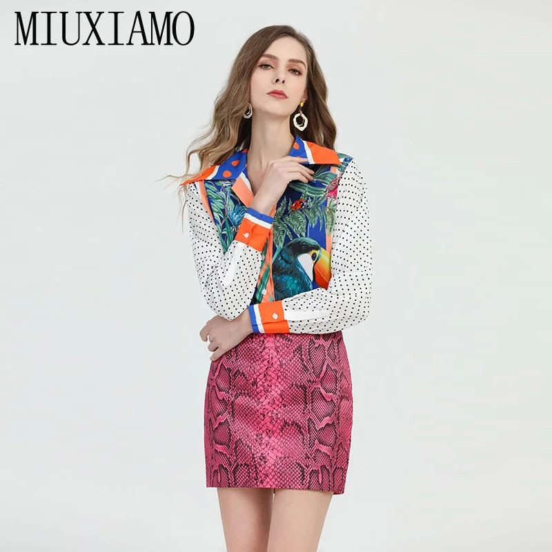 MIUXIMAO, лучшее качество,, для офиса, для девушек, весенний, Твинсет, элегантный, голубой и белый фарфор, топ, питон, узор, костюмы для женщин, Vestidos