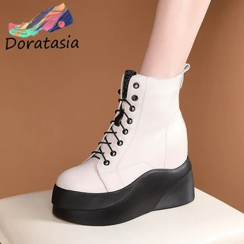 

DORATASIA Platform Height Increase High Heels Shoelaces Cow Skin Ankle Boots Genuine Leather Stylish Winter Shoes Boots Women