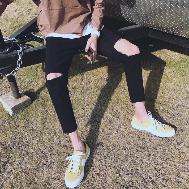 

Spring Elasticity Jeans Men Slim Fit with Holes Skinny Black And White with Pattern Casual Capri Pants Popular Brand Korean-styl