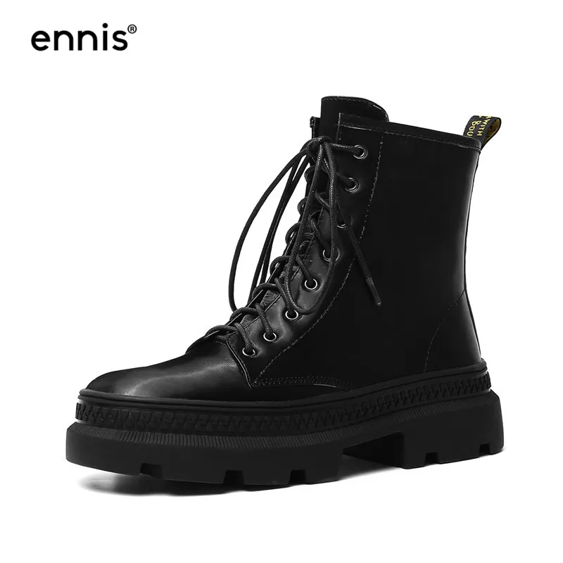 ENNIS/брендовые модные ботинки; женские Ботинки martin на платформе; ботинки из натуральной кожи на плоской подошве; женская обувь на шнуровке; Цвет зеленый, черный; сезон осень; A9253 - Цвет: Black