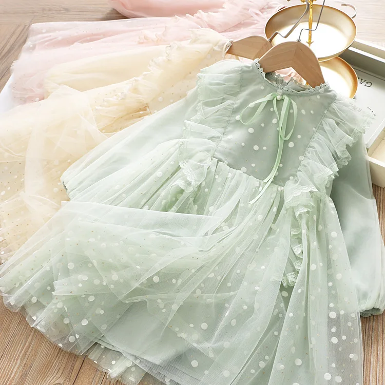 Girls Mori Dress Polka Dot Lace Yarn Princess Bitter Puffy Kids Fashion 2020 Spring | Детская одежда и обувь