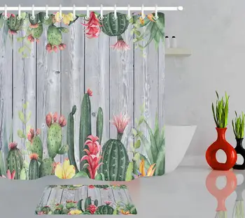 

Wooden Board Cactus Shower Curtain Cacti Tropical Succulent Shower Curtain Blossom Plant Flowers Bathroom Curtains With 12 Hooks