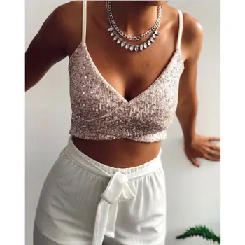 

New Sexy Fashion Women's Ladies Sequin Sparkle Glitter Lace Tanks Casual Mesh Sleeveless V- Neck Party Crop Tops Tanks